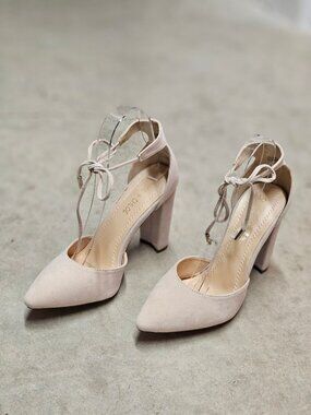 Ankle Strap Block Heel Suede Pumps In Nude Beige For Women
